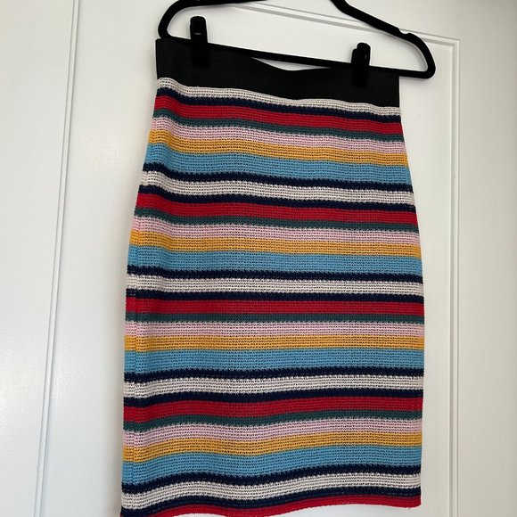 NWT Parker Knit Pencil Skirt Sz L Multicolor Rainbow Stripe Elastic Waist - Picture 8 of 8
